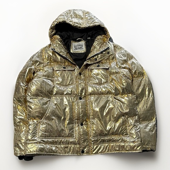 Levi's Puffer Jacket Men's L Gold Bandana Paisley Quilted Hooded X2814 $225 - Picture 7 of 14